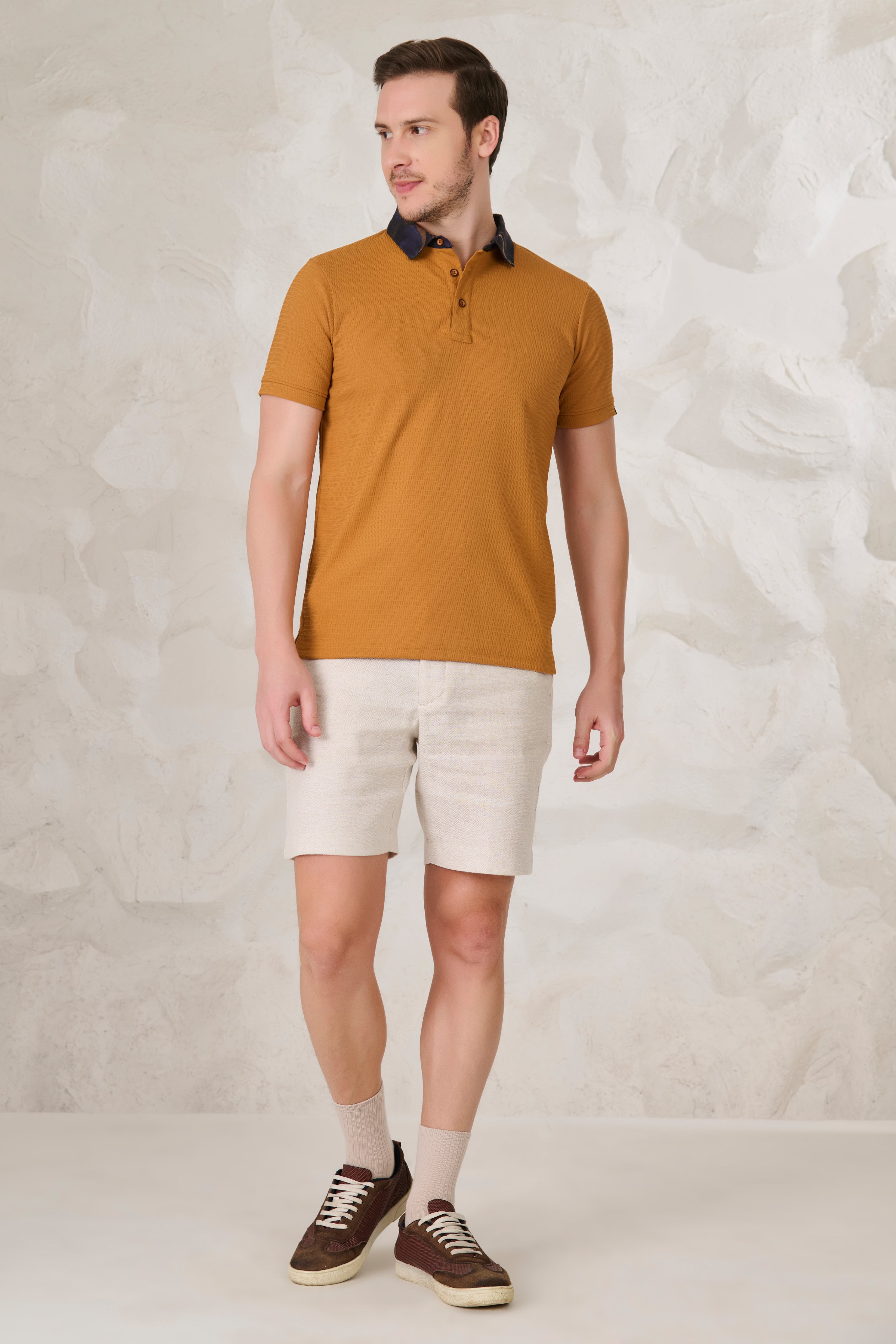Buy Printed Collar Textured Polo - Mustard Online Shopping view 5