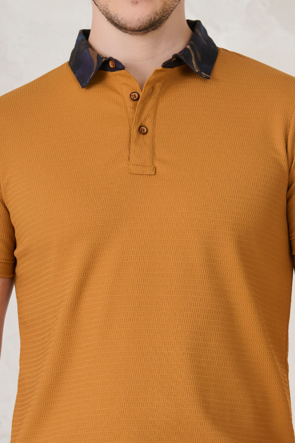 Printed Collar Textured Polo - Mustard