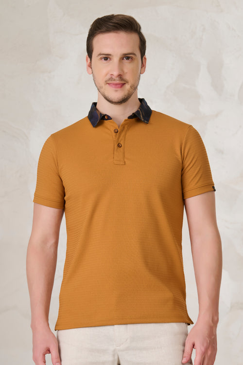 Printed Collar Textured Polo - Mustard