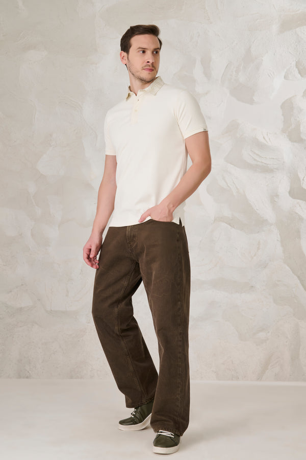 Printed Collar Textured Polo - Off White