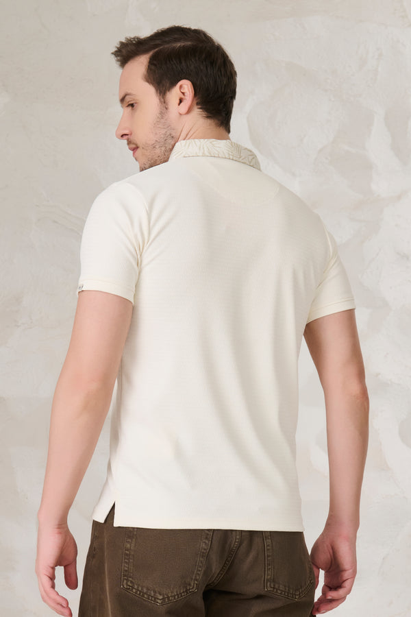 Printed Collar Textured Polo - Off White