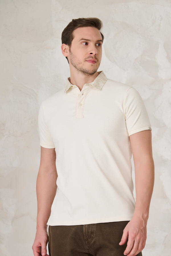 Printed Collar Textured Polo - Off White