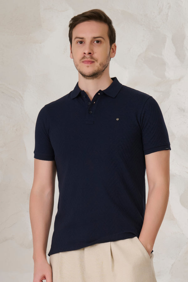 Long Waves Textured Polo - Navy