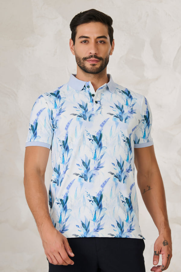 Painted Floral Polo - Blue