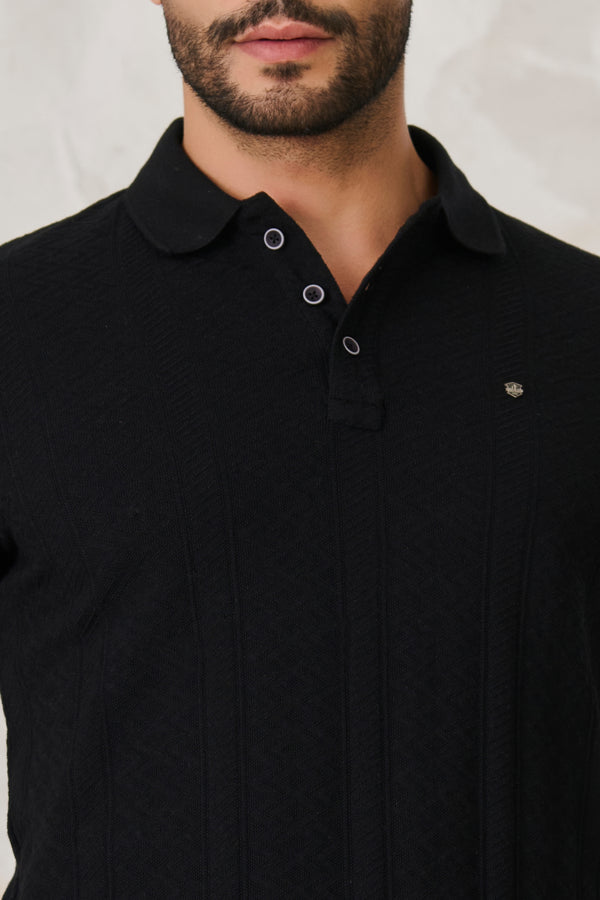 Subtle Stripes Textured Polo - Black