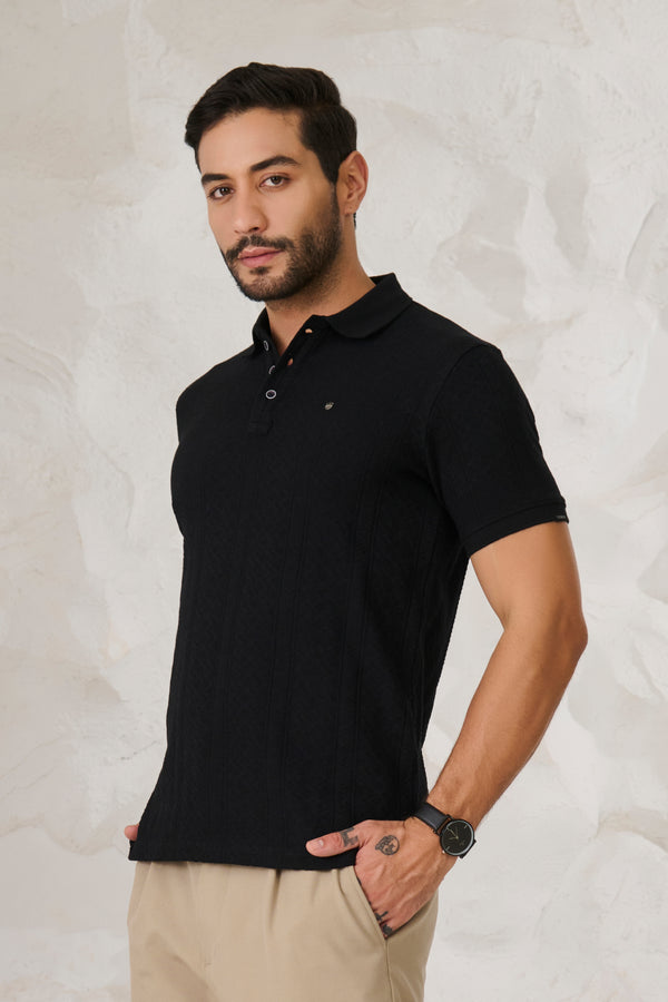 Subtle Stripes Textured Polo - Black