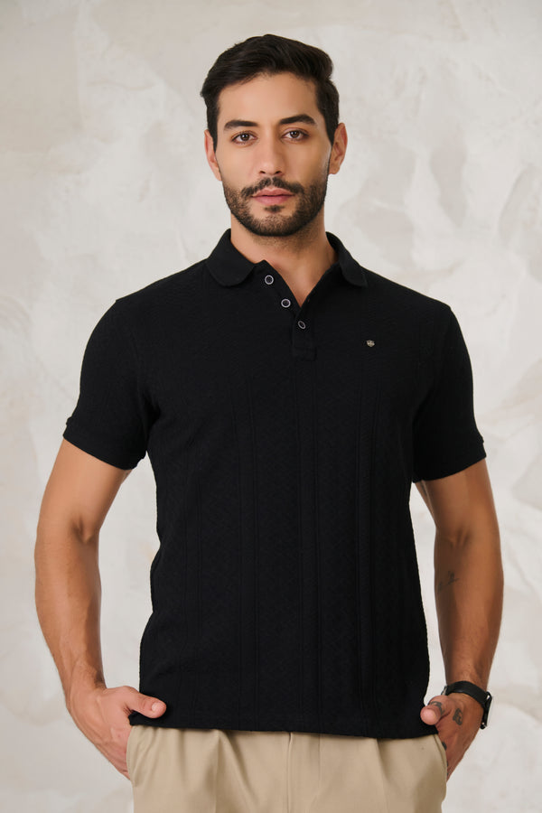 Subtle Stripes Textured Polo - Black