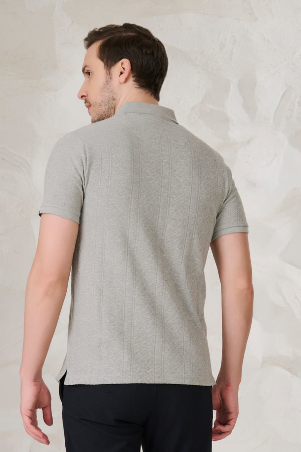 Subtle Stripes Textured Polo - Grey Milange
