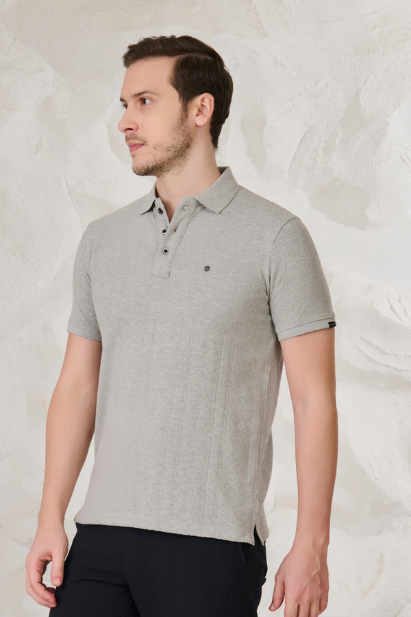 Subtle Stripes Textured Polo - Grey Milange