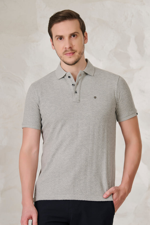 Subtle Stripes Textured Polo - Grey Milange