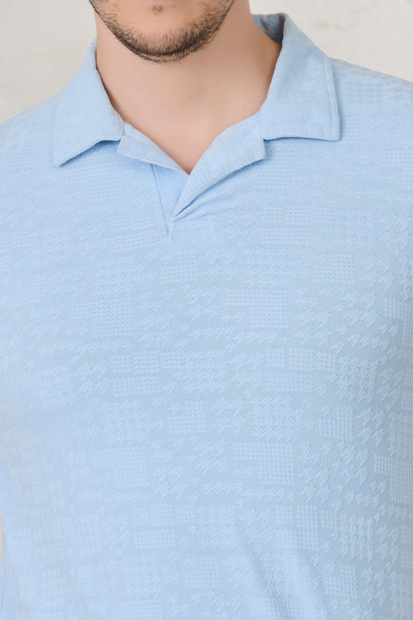 Dogtooth Textured Cuban T-Shirt - Sky