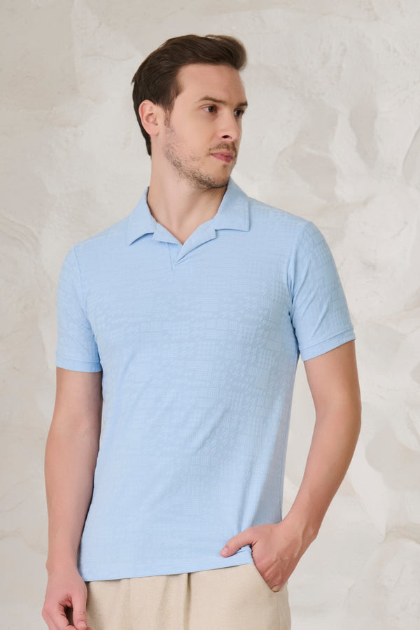 Dogtooth Textured Cuban T-Shirt - Sky