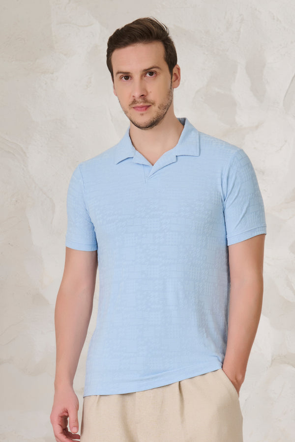 Dogtooth Textured Cuban T-Shirt - Sky