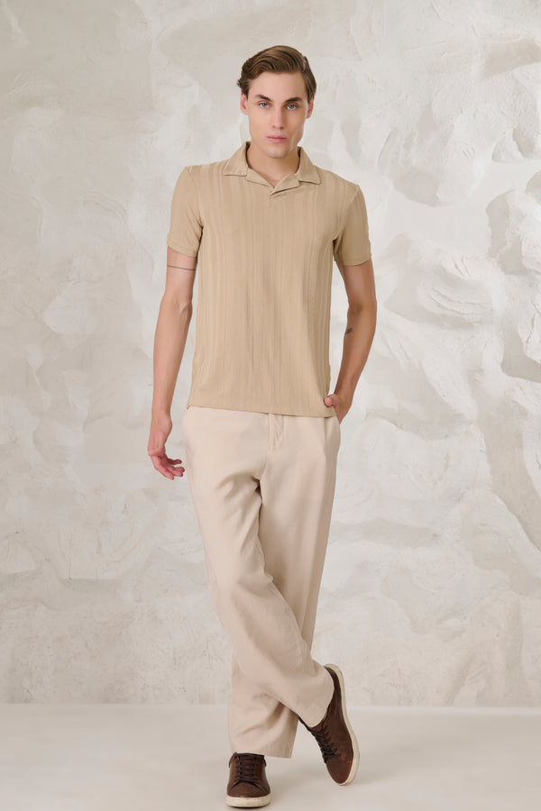 Stripe Textured Cuban T-Shirt - Khakhi