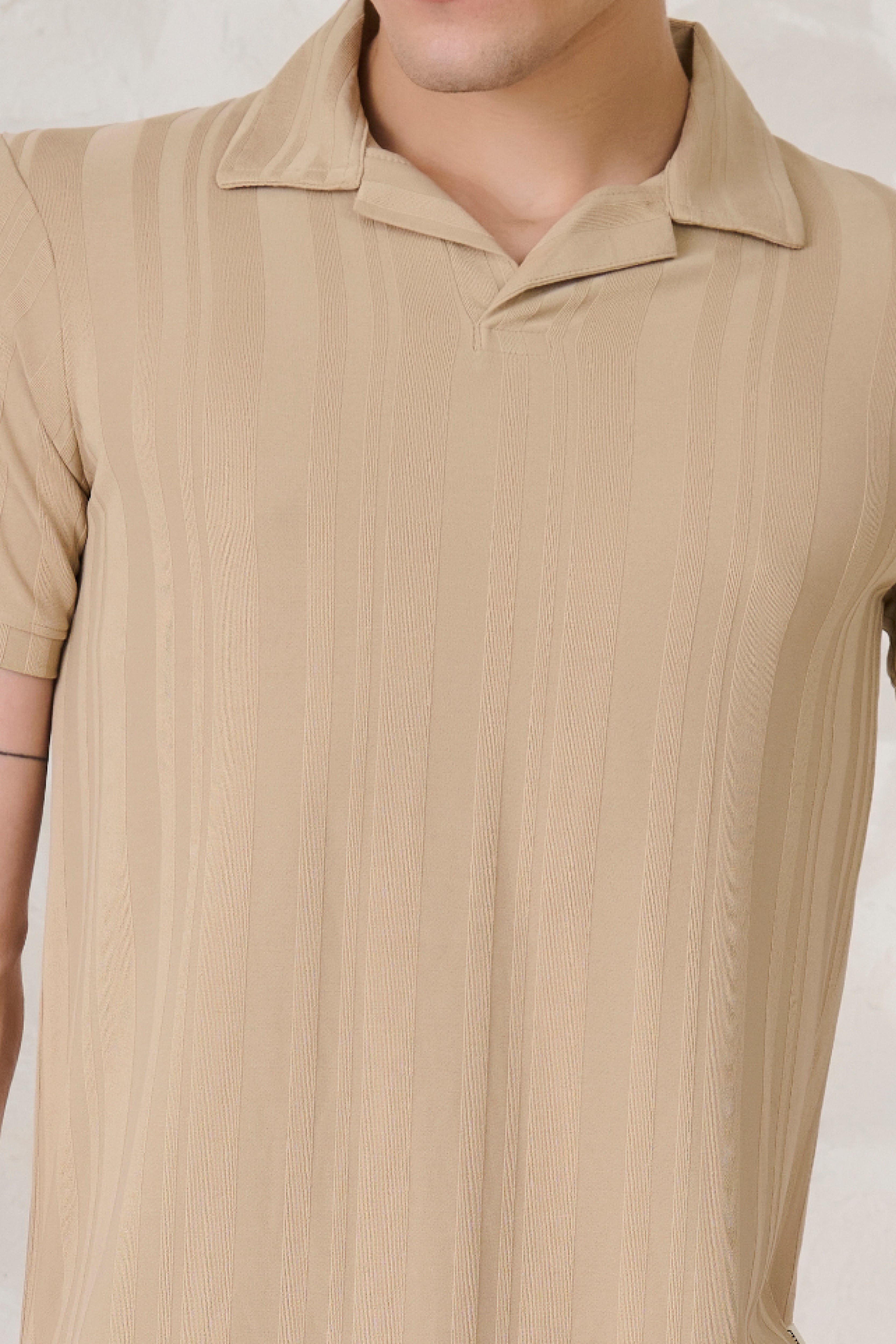 Buy Stripe Textured Cuban T-Shirt - Khakhi Online Shopping view 4