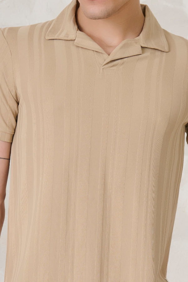 Stripe Textured Cuban T-Shirt - Khakhi