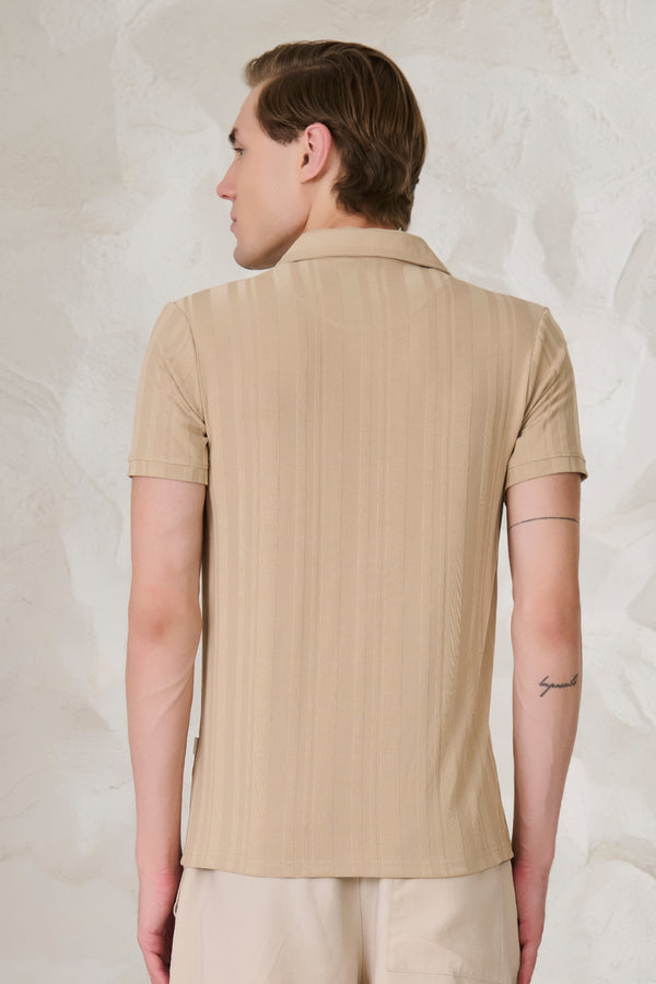 Stripe Textured Cuban T-Shirt - Khakhi