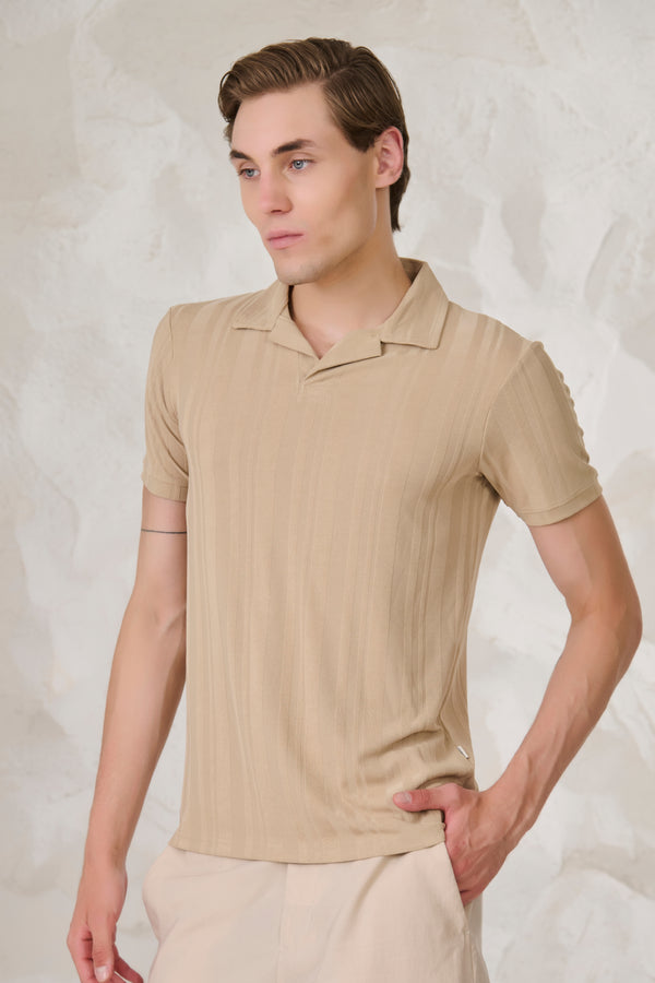 Stripe Textured Cuban T-Shirt - Khakhi