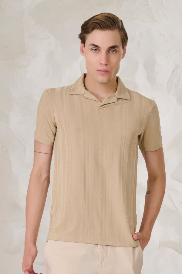 Stripe Textured Cuban T-Shirt - Khakhi