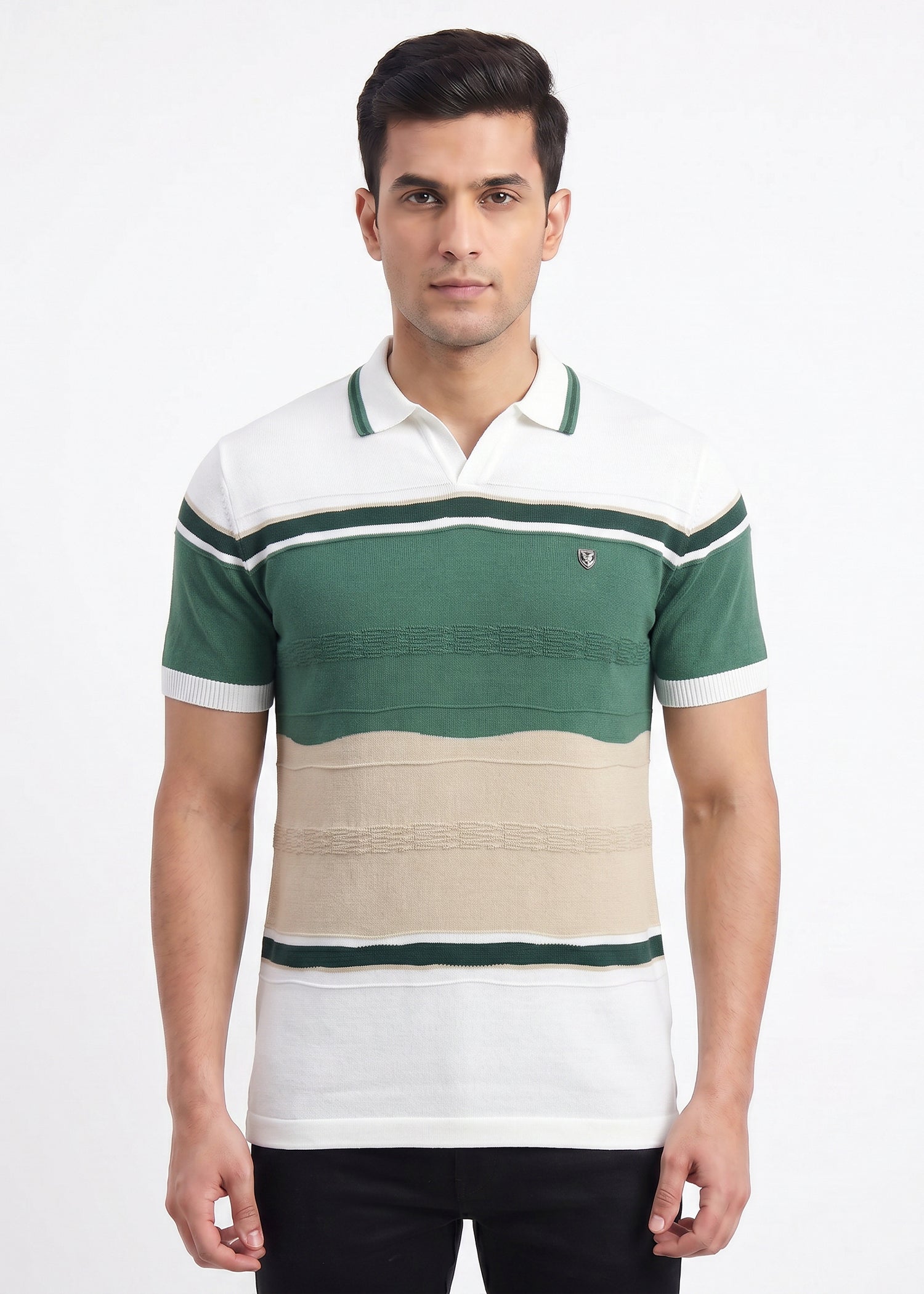 Buy White green-beige-striped-polo-tshirt Online Shopping view 1