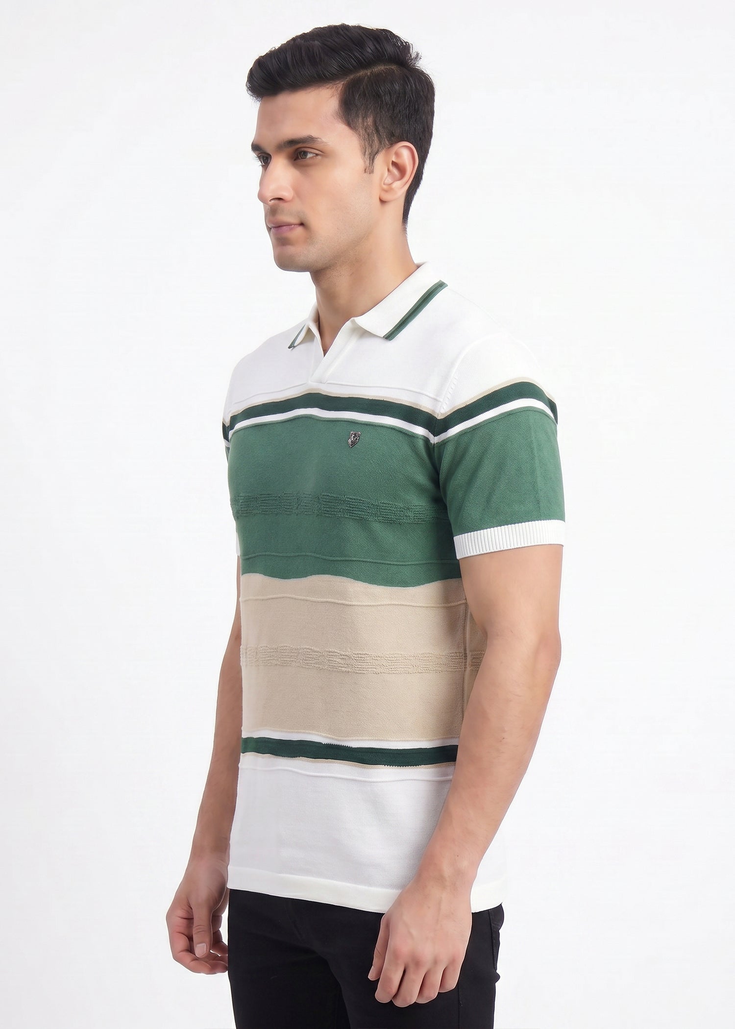 Buy White green-beige-striped-polo-tshirt Online Shopping view 4