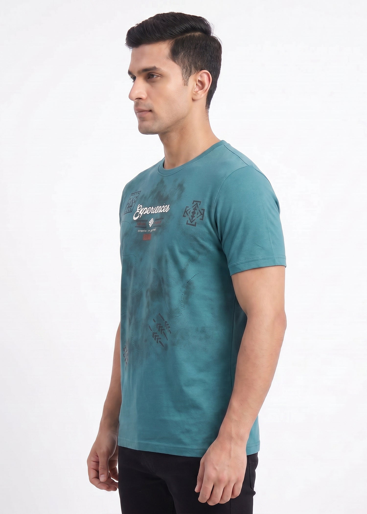 Buy Teal-graphic-print-cotton-tshirt Online Shopping view 4
