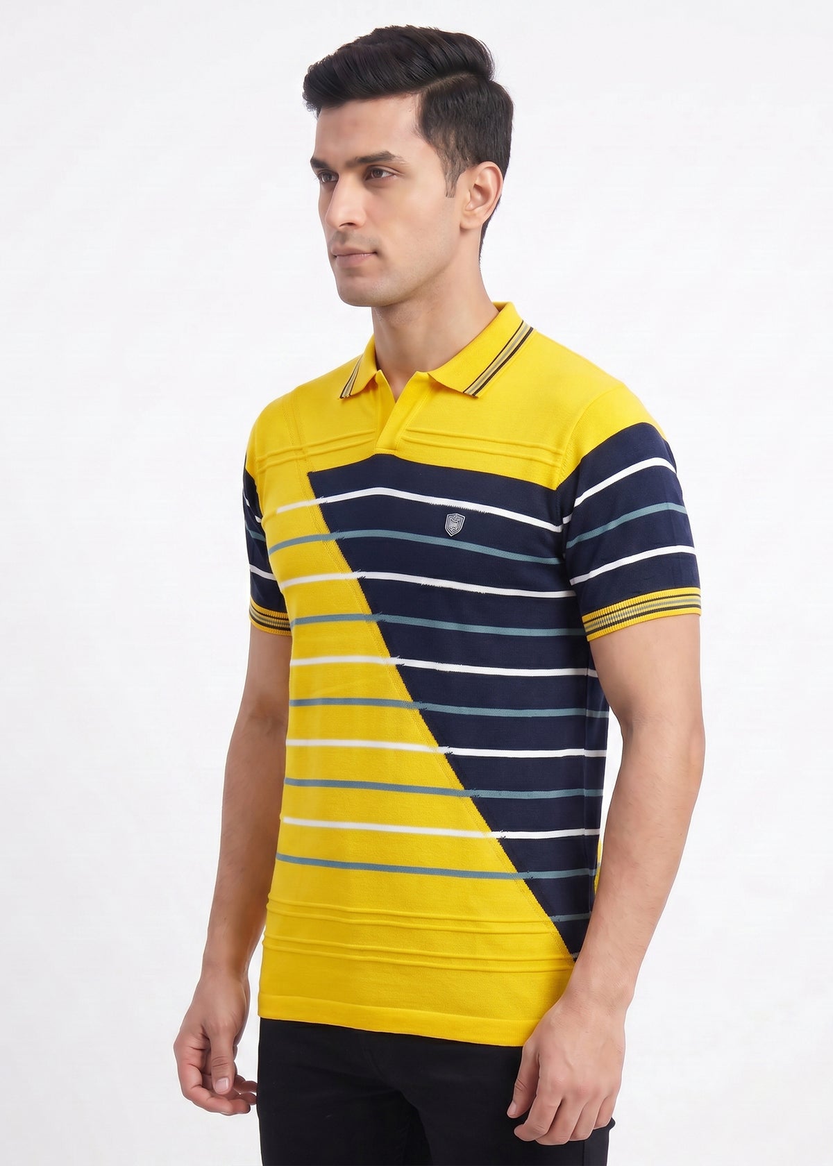 Buy Gold-navy-striped-polo-tshirt Online Shopping view 4