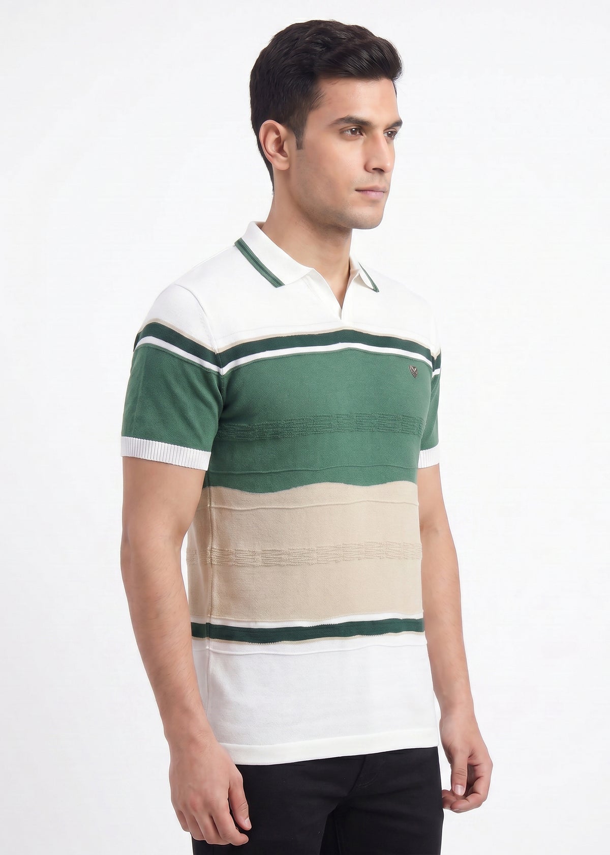Buy White green-beige-striped-polo-tshirt Online Shopping view 5
