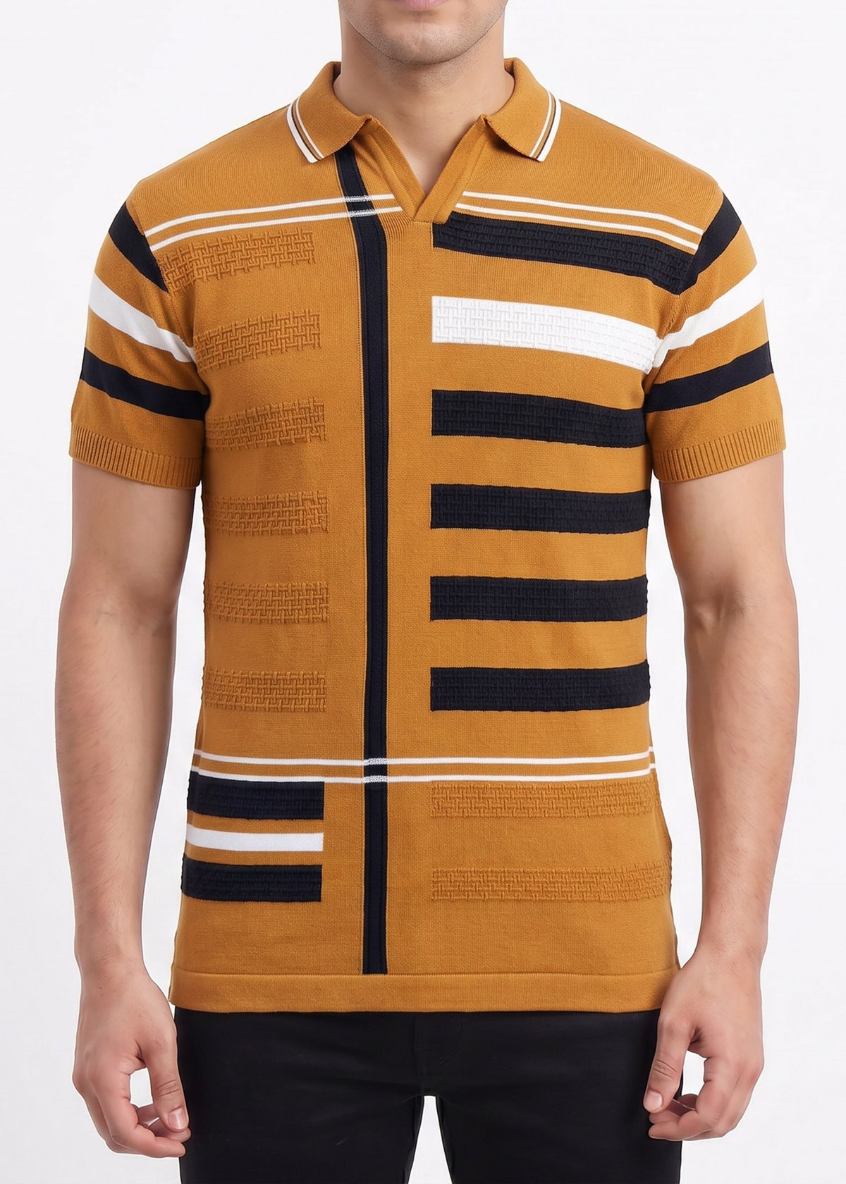 Buy Almond textured-striped-polo-tshirt Online Shopping view 3