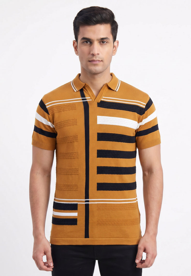 Almond textured-striped-polo-tshirt