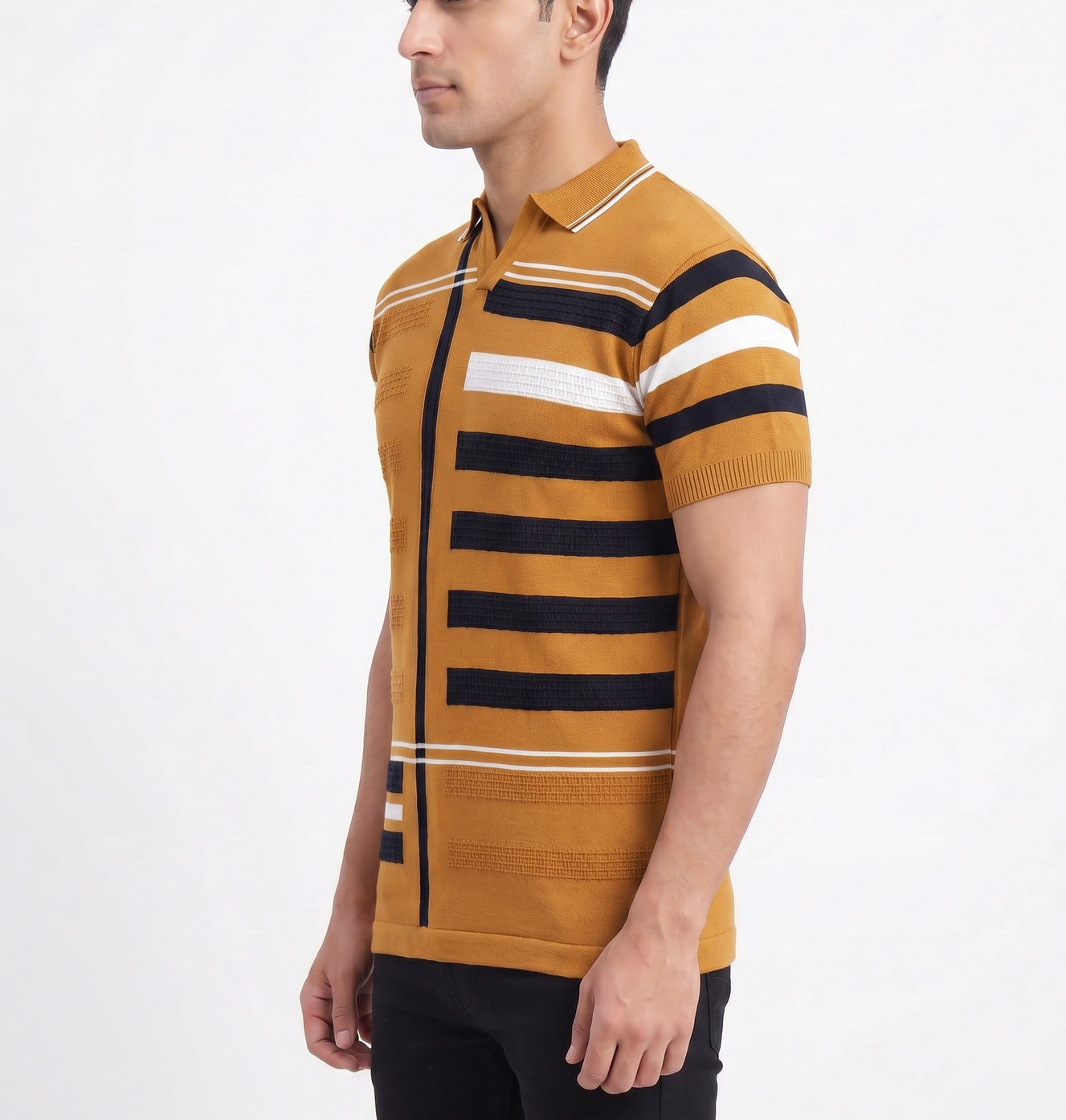 Almond textured-striped-polo-tshirt