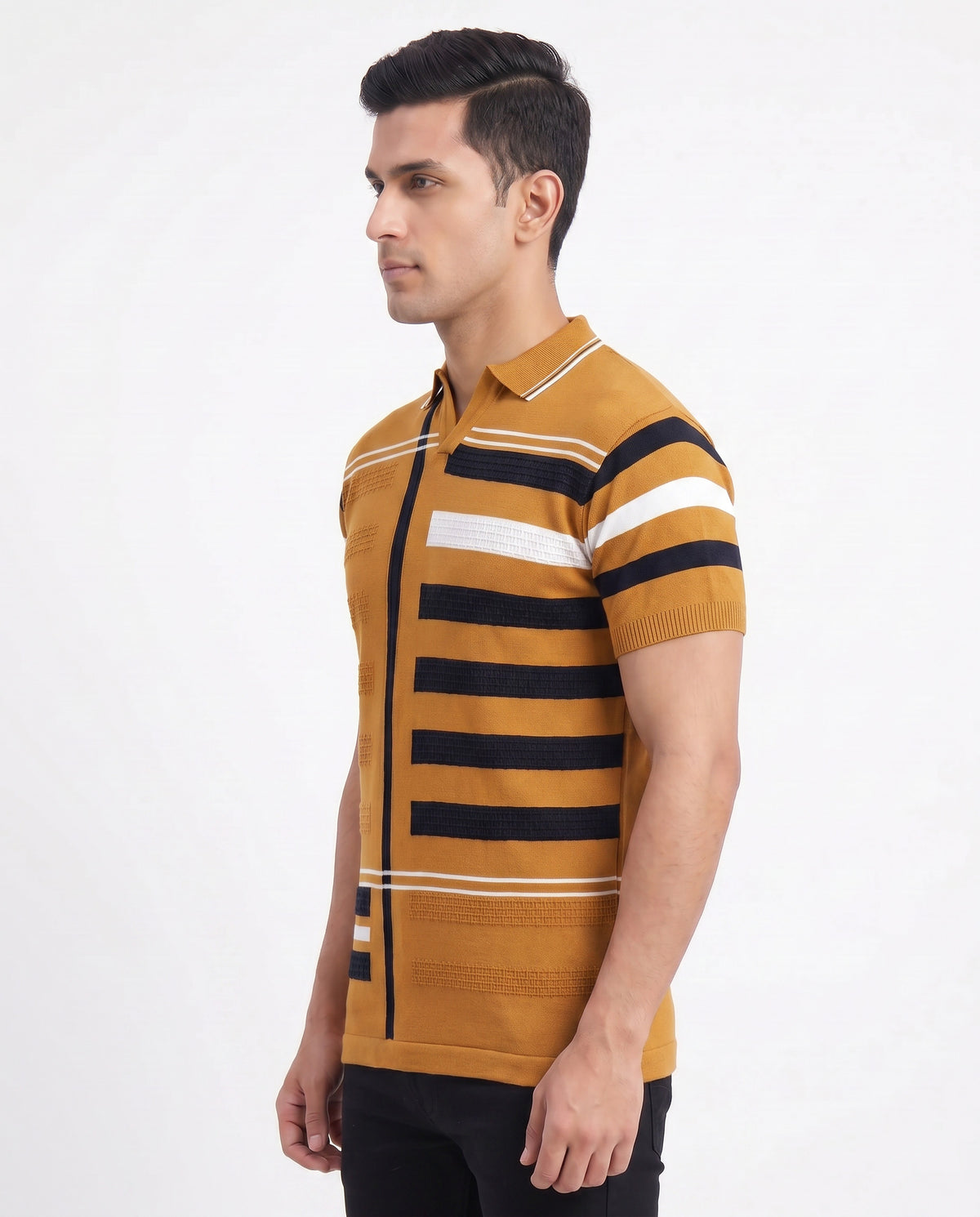 Buy Almond textured-striped-polo-tshirt Online Shopping view 4
